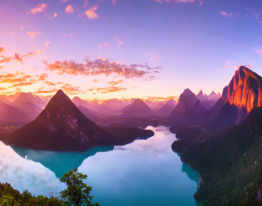 Tranquil Lake and Lush Mountains at Sunrise