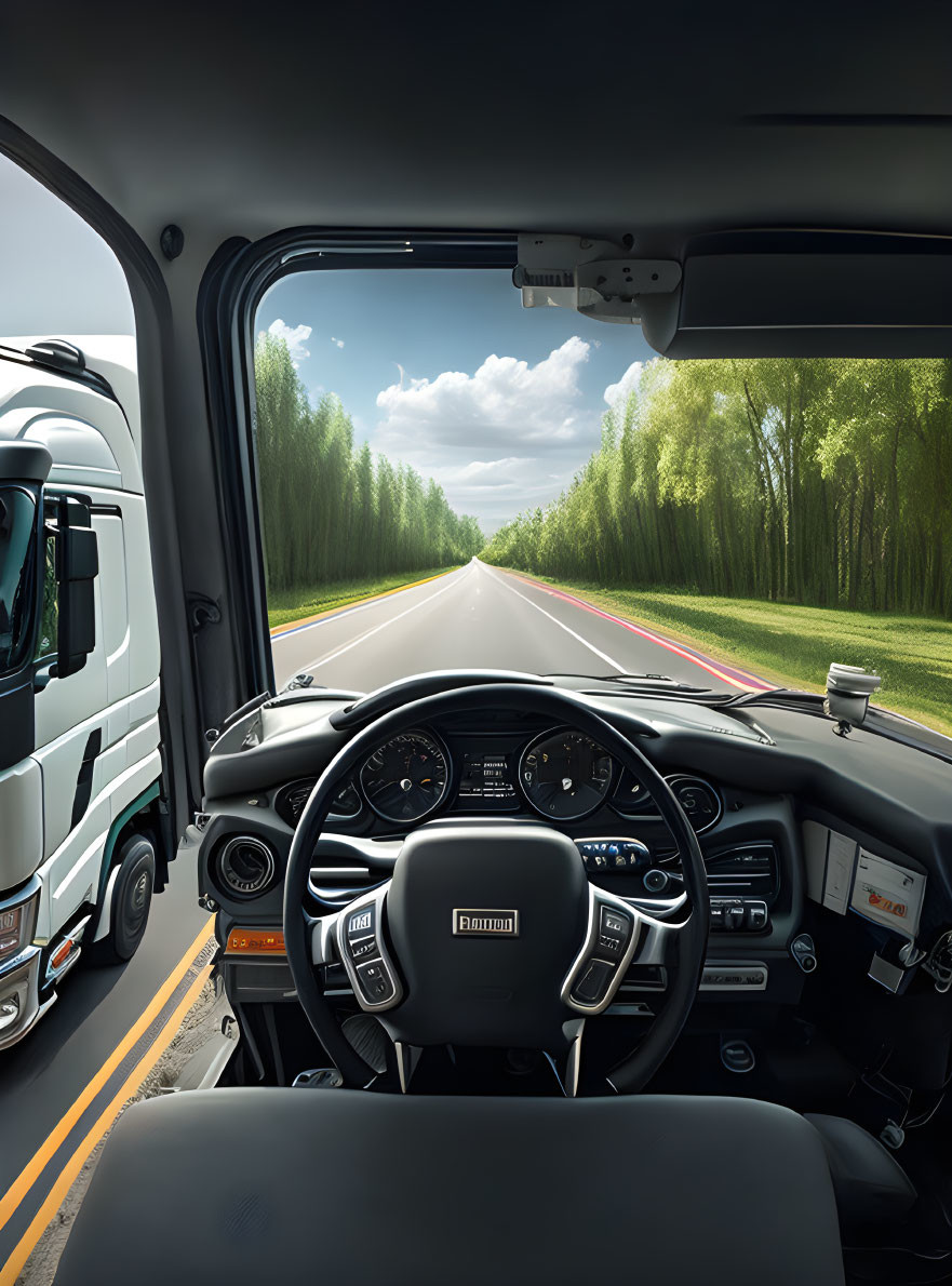 Truck cabin view on open road with trees and passing truck under blue sky