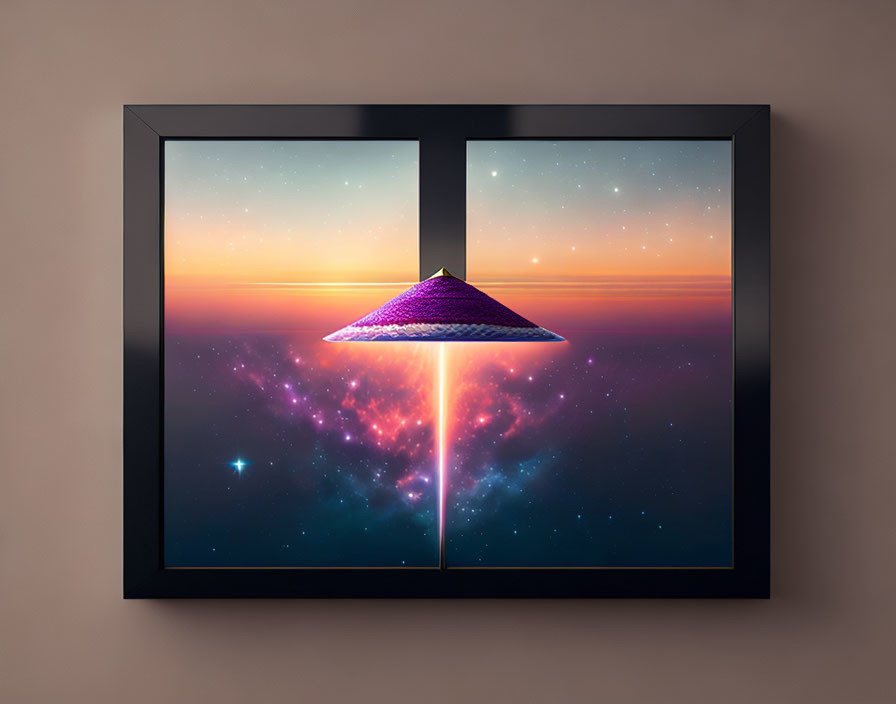 Framed UFO image with nebula and sunrise horizon