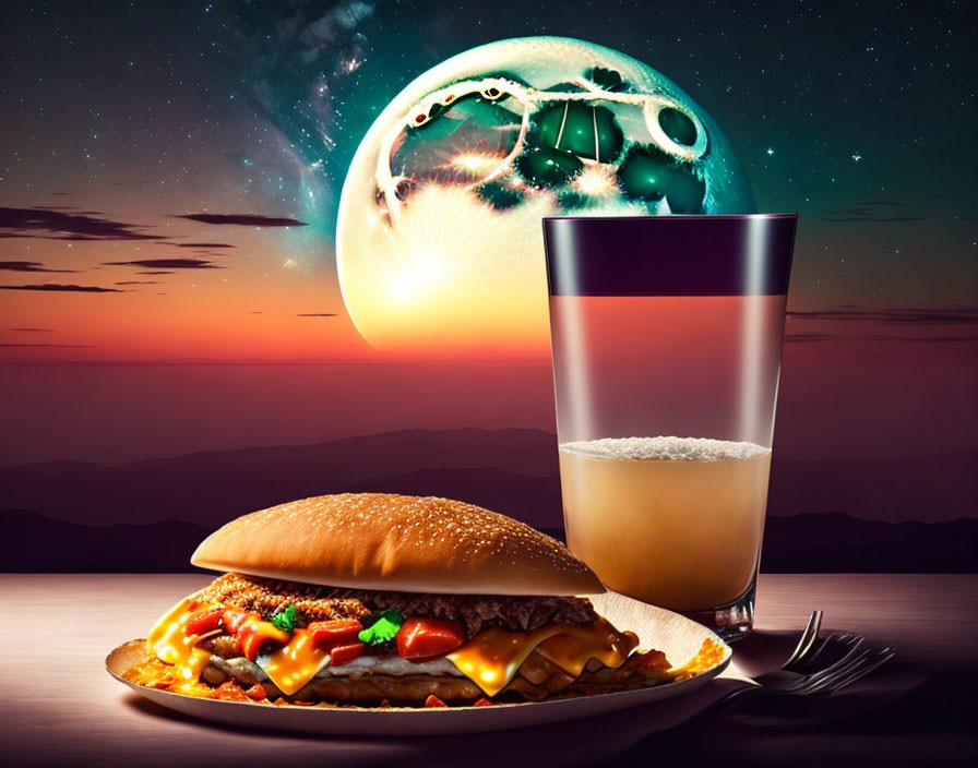 Surreal cheeseburger and drink in sunset with clockwork moon