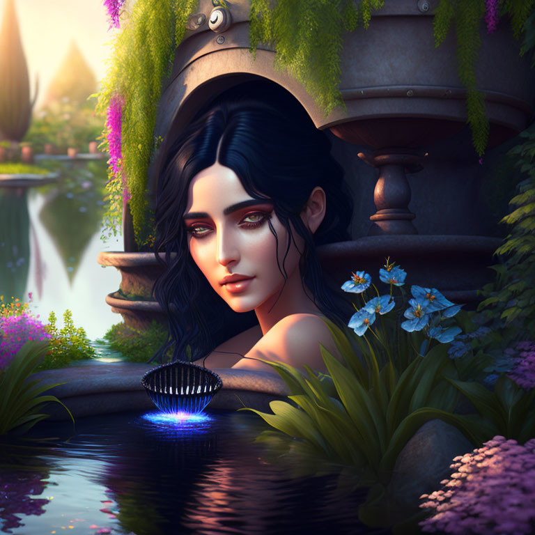 Animated woman with black hair by serene pond and luminescent flower