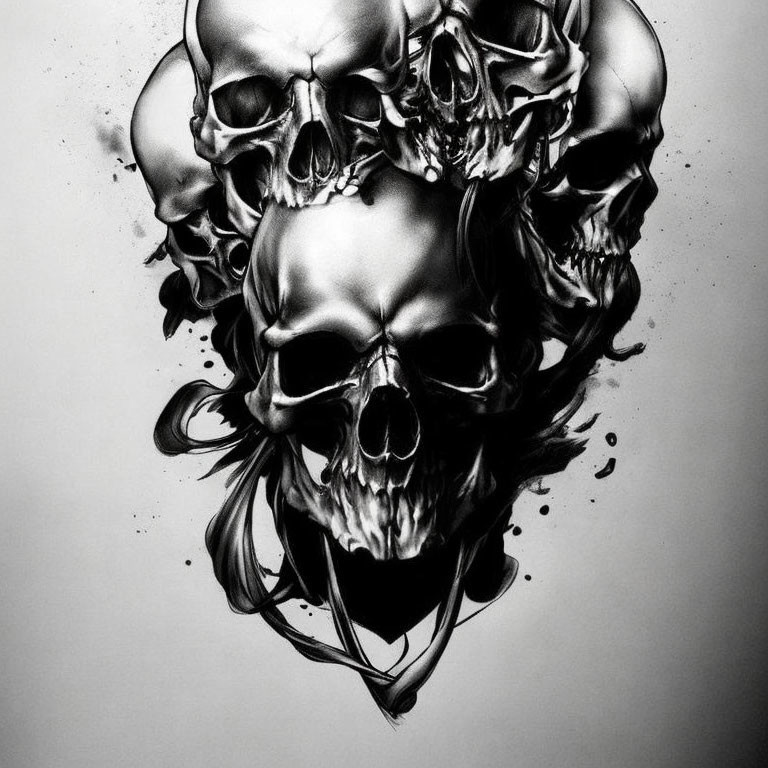 Monochrome artistic illustration of human skulls with dark shadows.