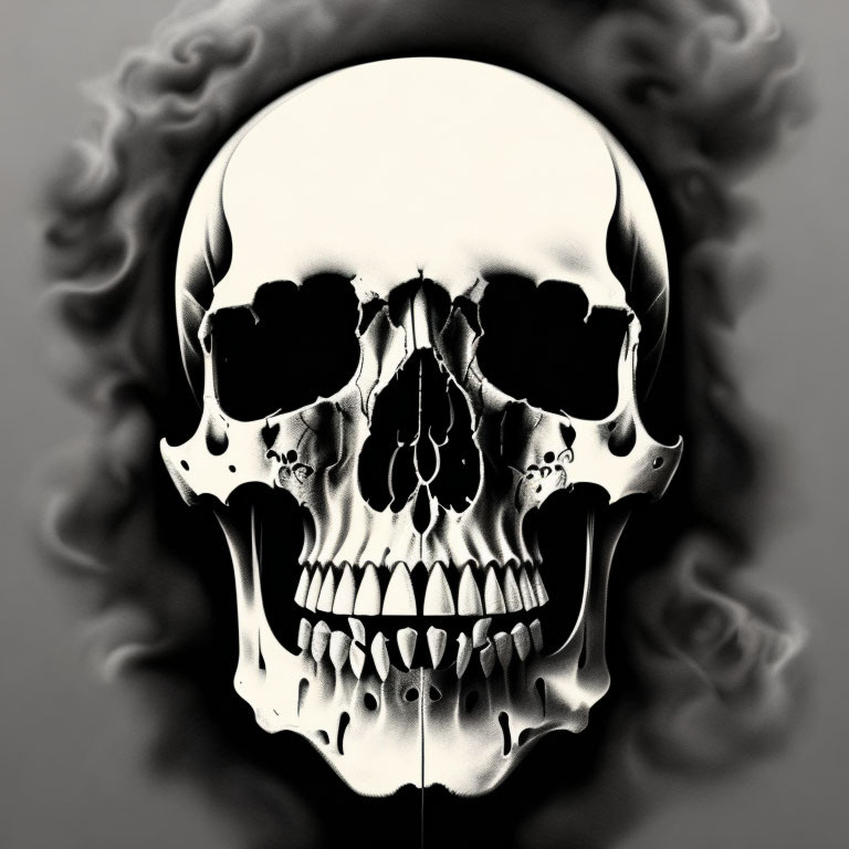 Monochrome human skull with swirling smoke for a dark and eerie look