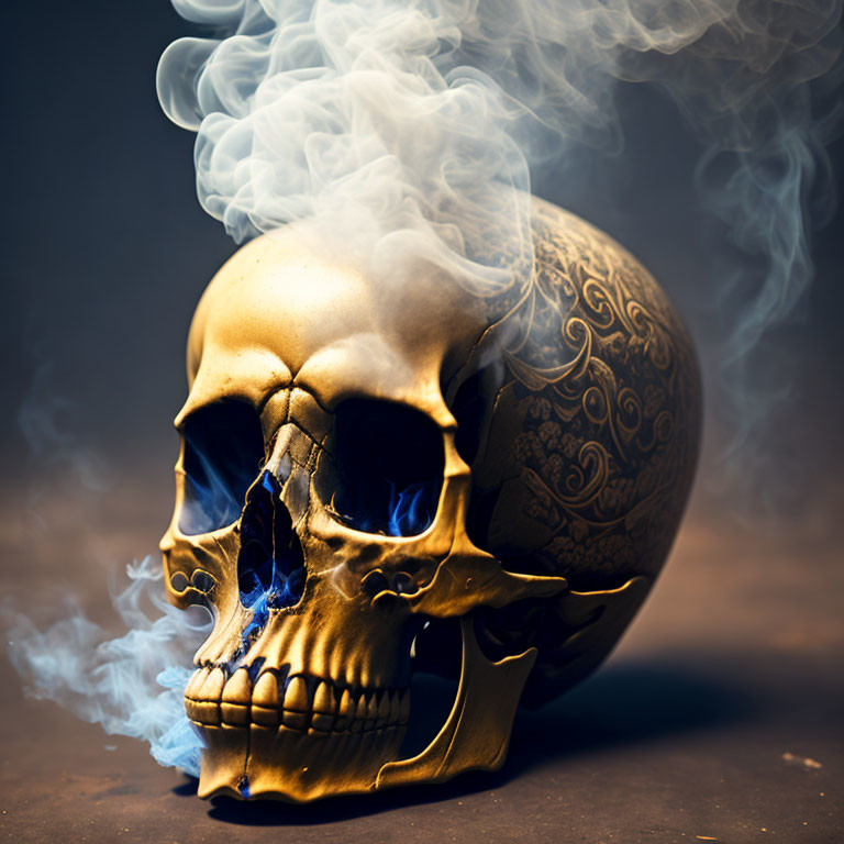 Golden human skull emitting smoke against dark background