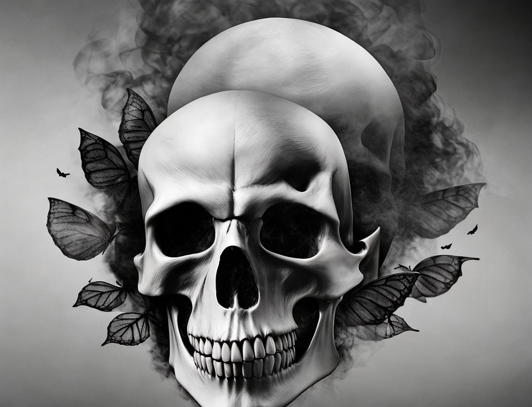 Monochromatic background with human skull, smoke, leaves, and bats