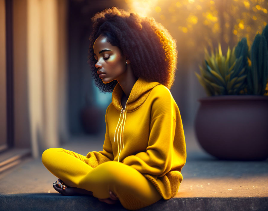 Person in Yellow Hoodie Sitting Surrounded by Plants and Warm Light