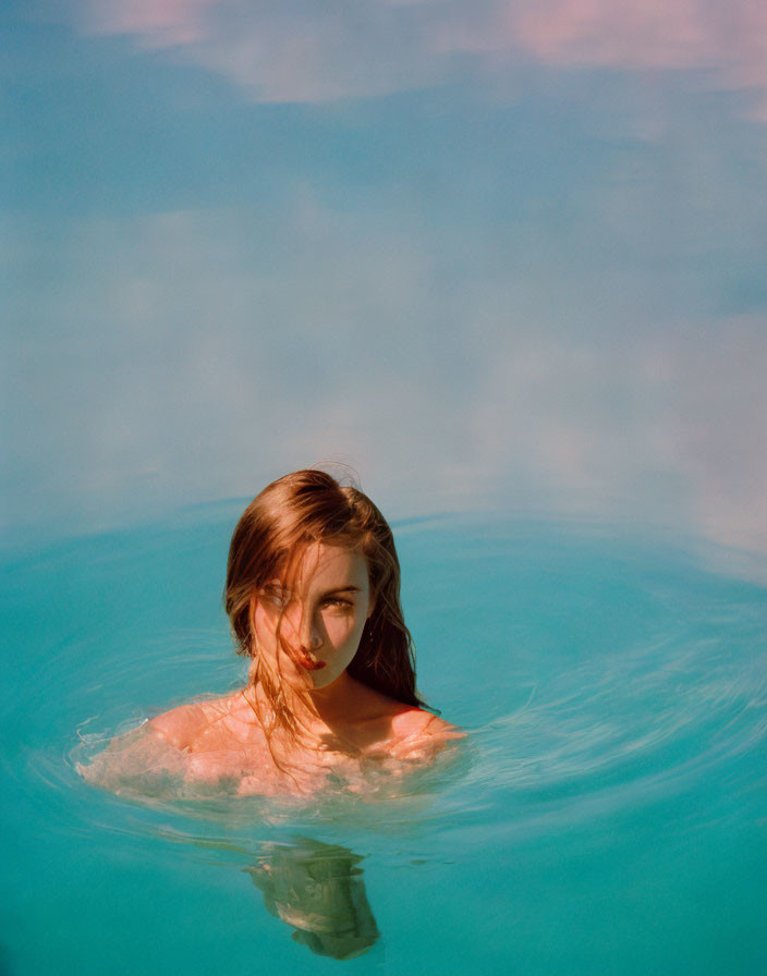 Person serenely submerged neck-deep in clear water under pink sky