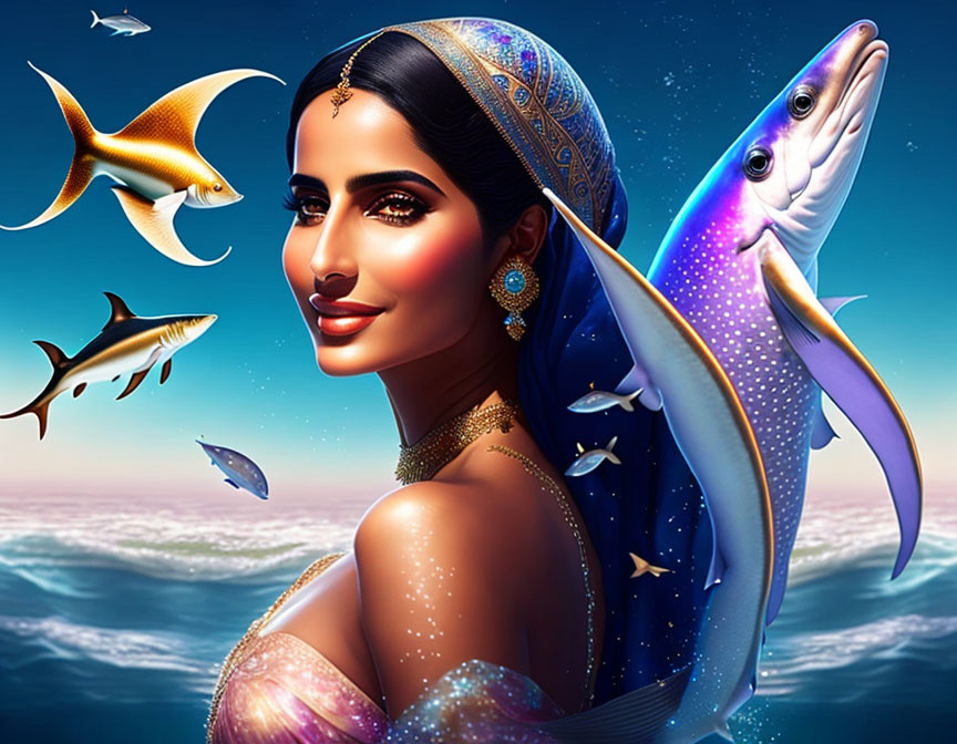 Illustrated woman in traditional attire with cosmic fish and birds against ocean backdrop