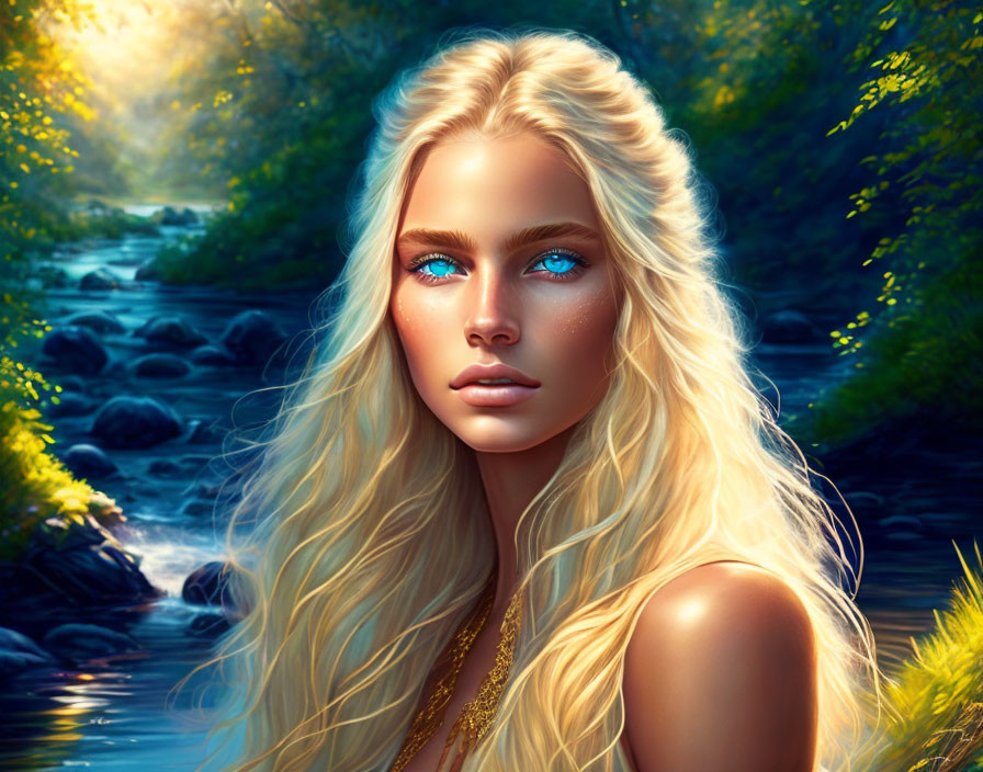 Blonde woman with blue eyes in forest stream setting