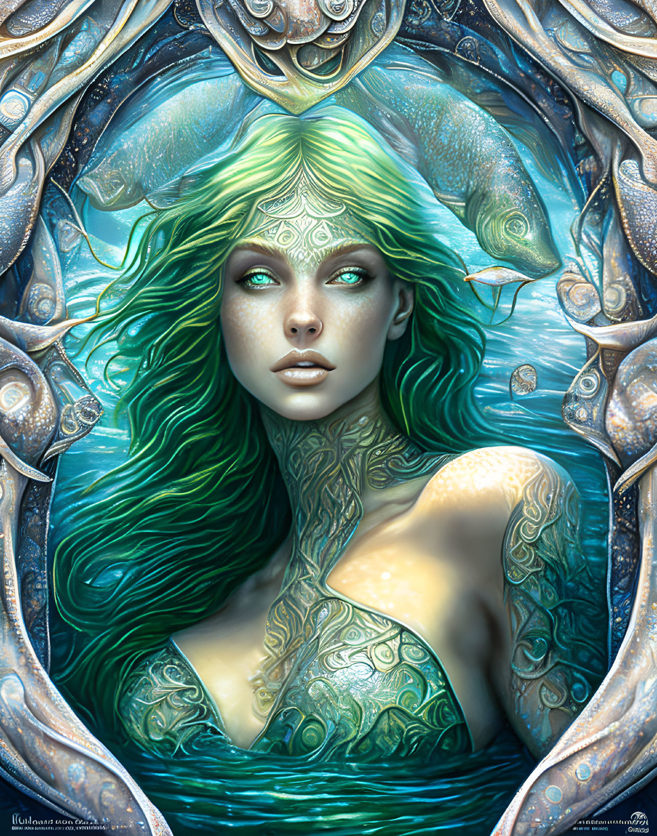 Detailed mythical mermaid illustration with green hair and blue eyes among swirling fish motifs