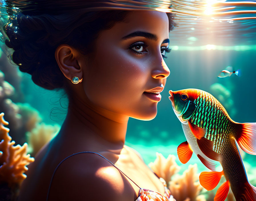 Vibrant underwater digital illustration with woman, coral, and fish