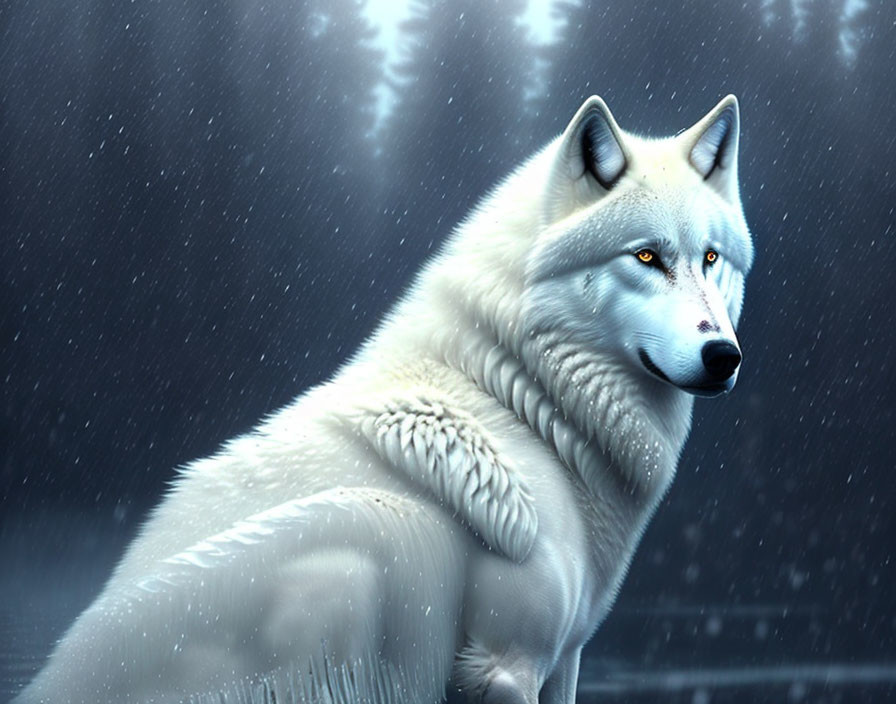 White Wolf in Falling Snowflakes Under Dimly Lit Sky