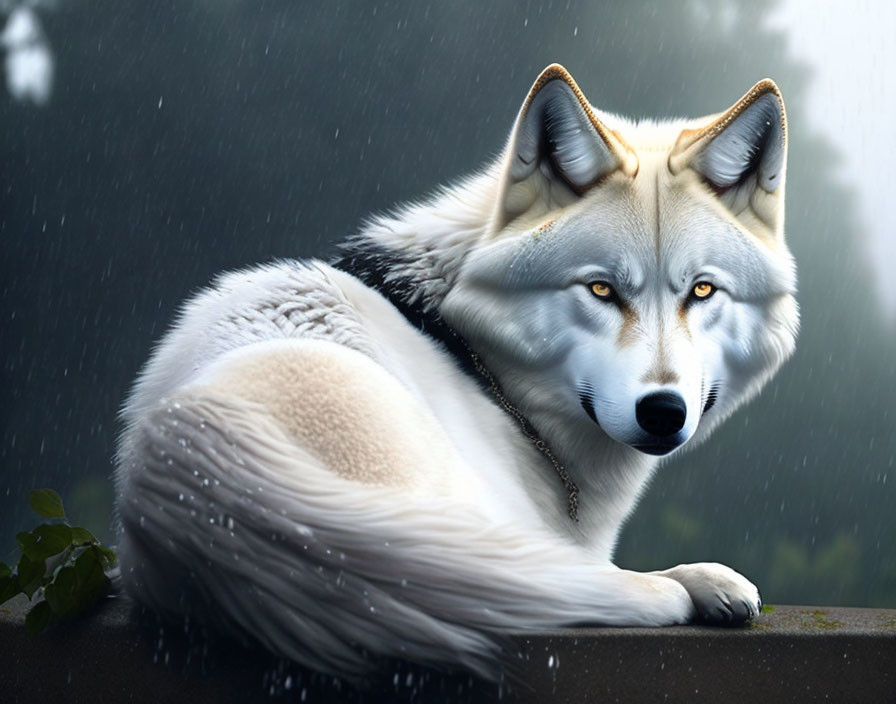 Realistic digital art: Anthropomorphic wolf in light rain