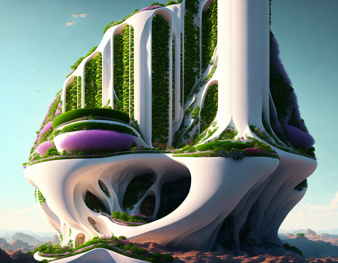 Organic futuristic architecture with greenery, nested habitats, and flowing design elements against a sky with birds