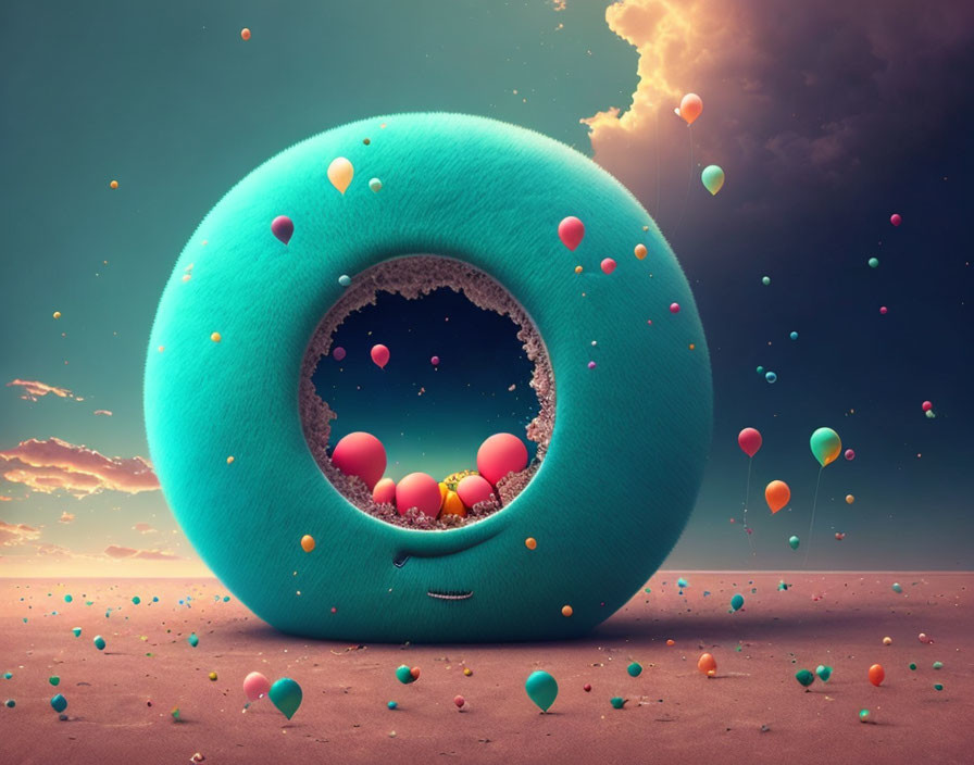 Giant Turquoise Donut with Colorful Spheres and Balloons on Sandy Surface