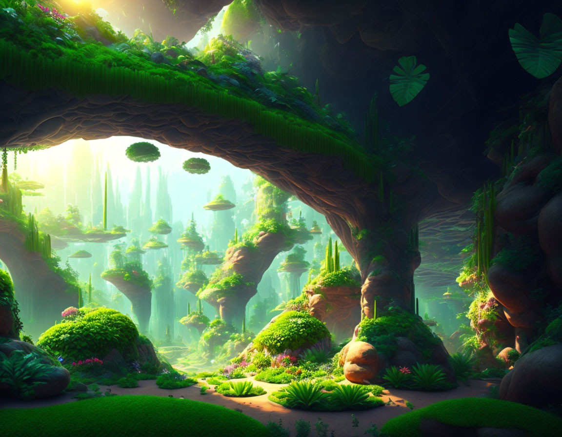 Vibrant alien landscape with floating islands and exotic vegetation