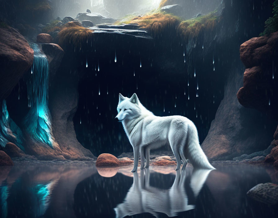 White wolf in mystical cave with bioluminescent plants and waterfall