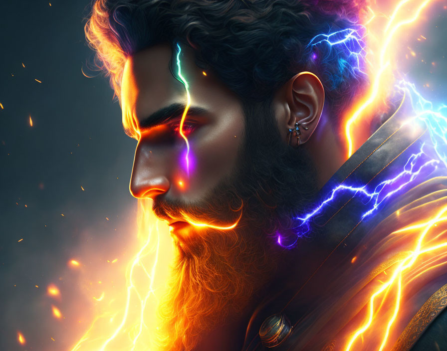 Bearded man split by fiery orange and electric blue light