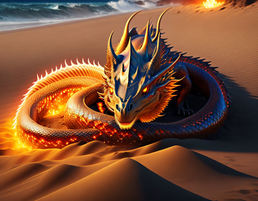 Colorful Dragon Resting on Sandy Beach at Sunset