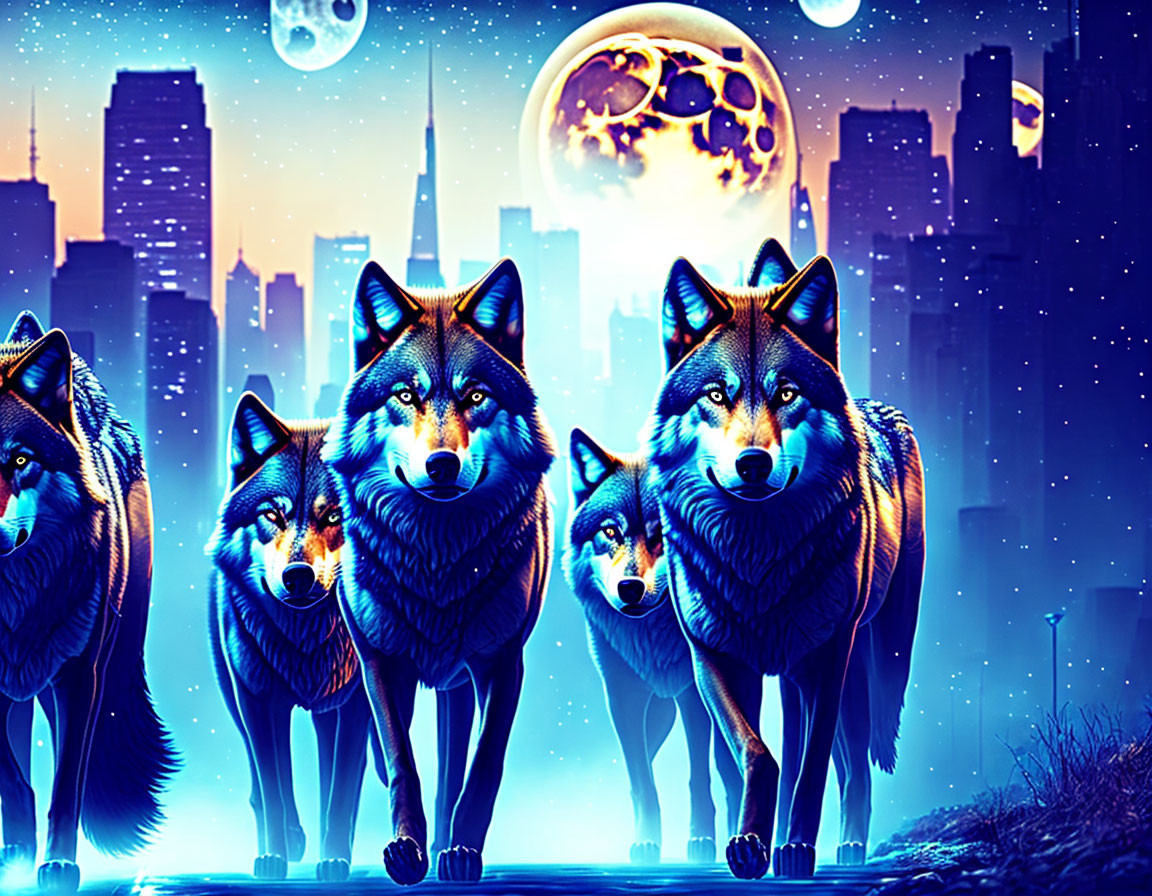 Neon-lit cityscape with wolves under starry sky