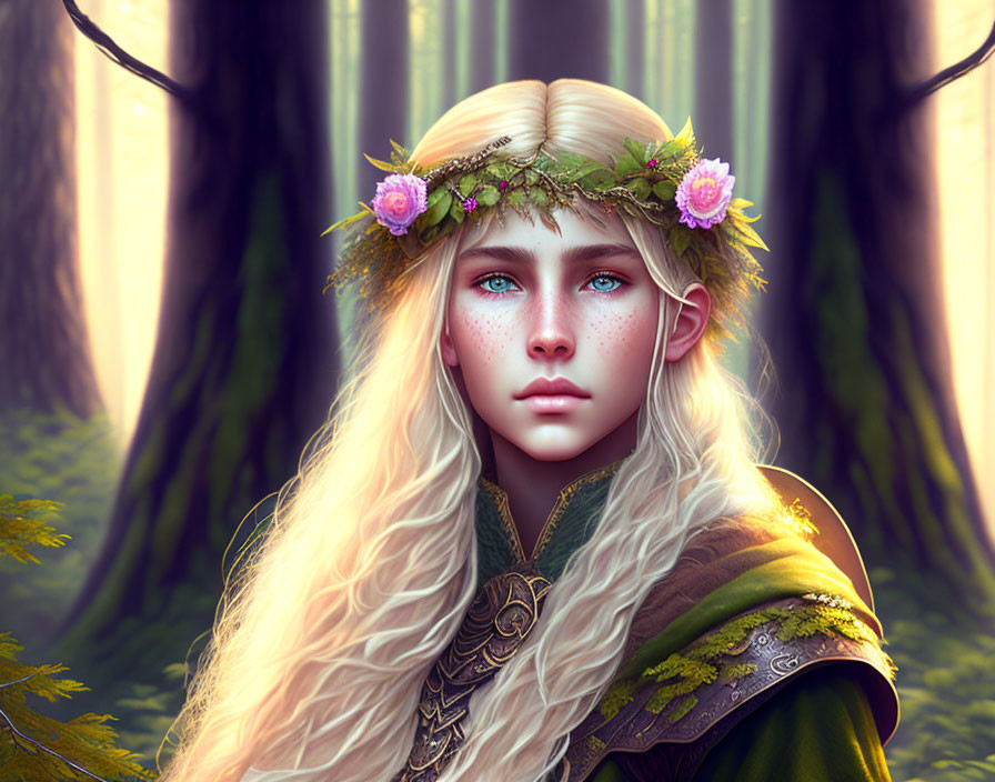 Young woman with long blond hair in floral crown in ethereal forest