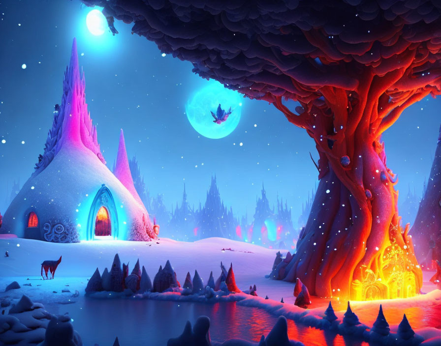 Winter Night Scene: Glowing Treehouse, Ice Hut, Flying Creature & Moonlit Lake