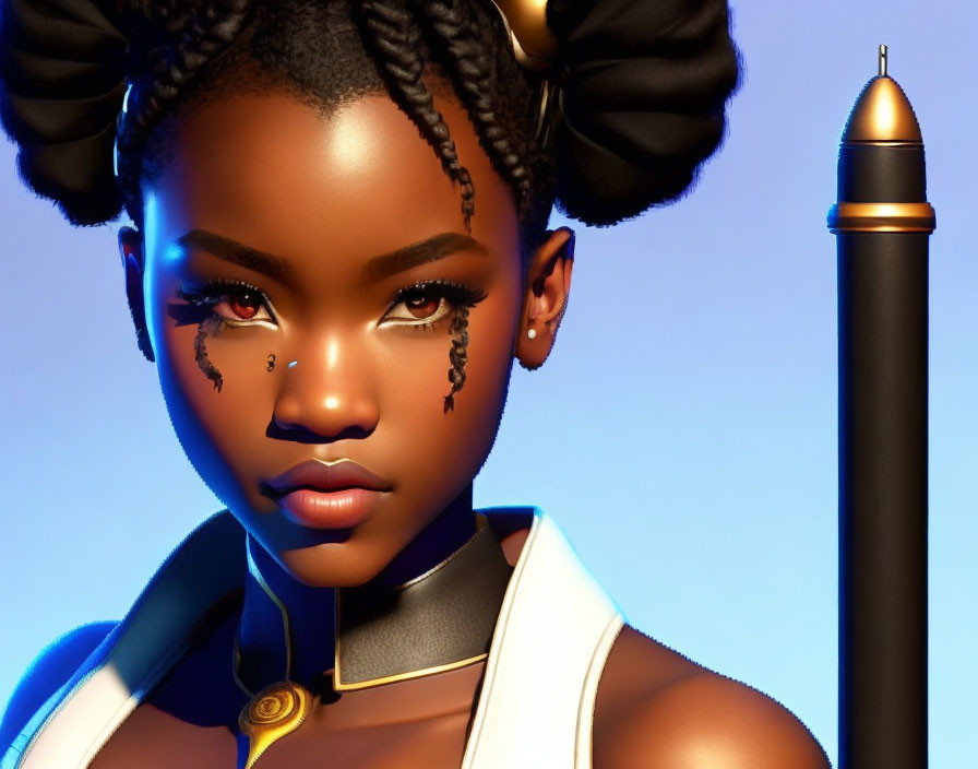 Stylized female character with dark braided hair and futuristic makeup next to a large pen-like object