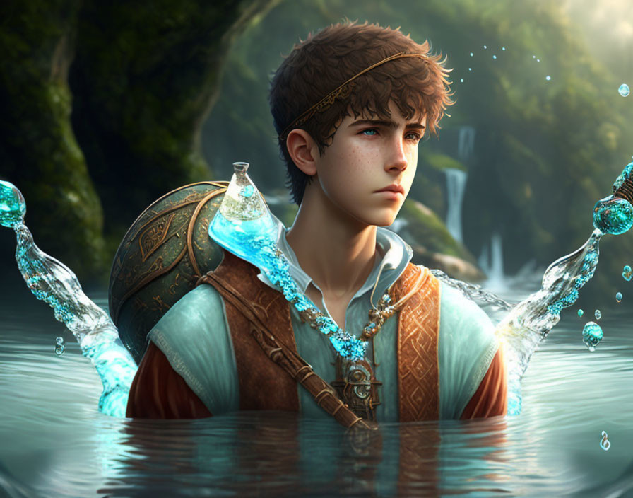 Young adventurer with wreath emerges from water in serene forest setting