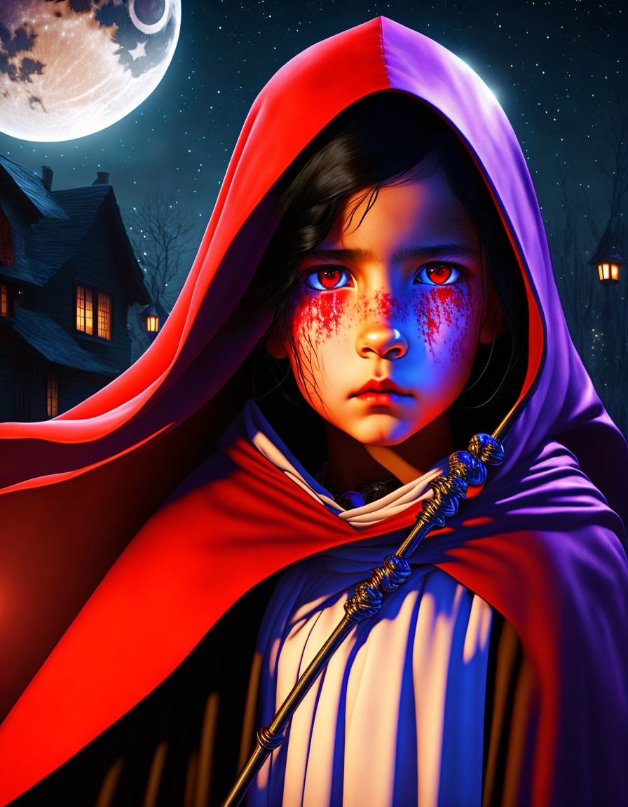 Girl in Red Cloak with Glowing Eyes and Painted Symbols at Night