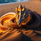 Colorful Dragon Resting on Sandy Beach at Sunset