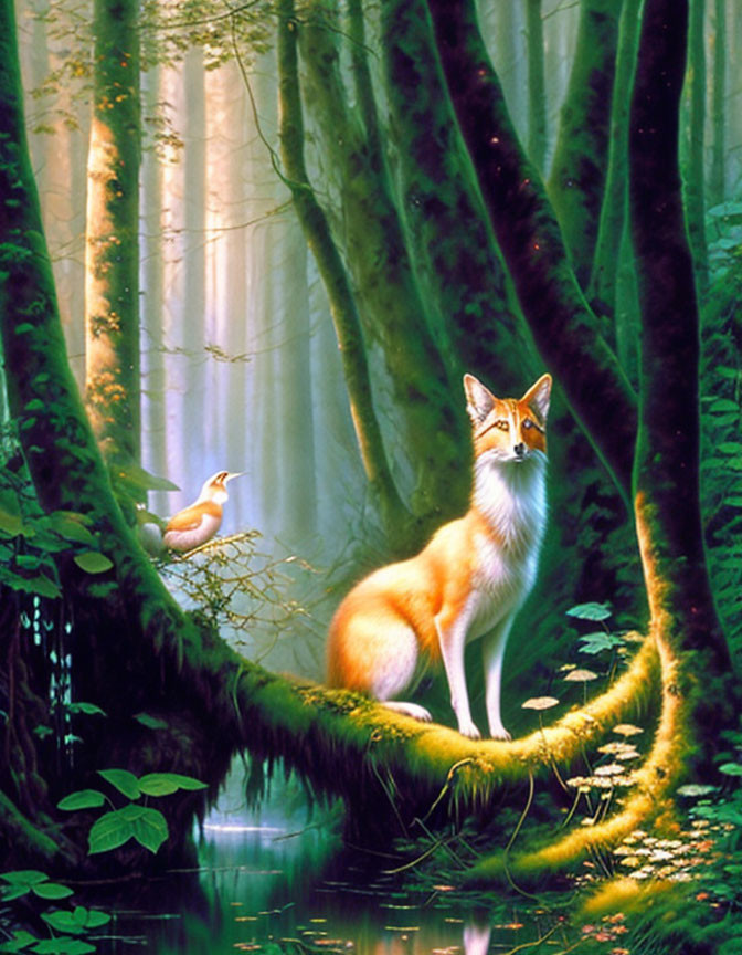 Colorful Fox and Bird in Sunlit Forest Scene