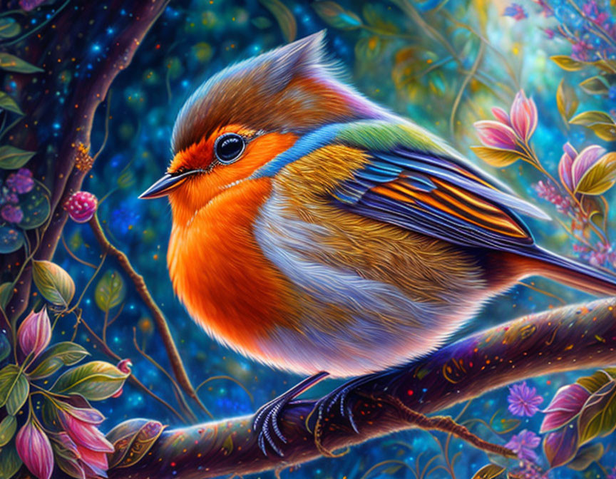 Vibrant stylized bird in lush forest setting