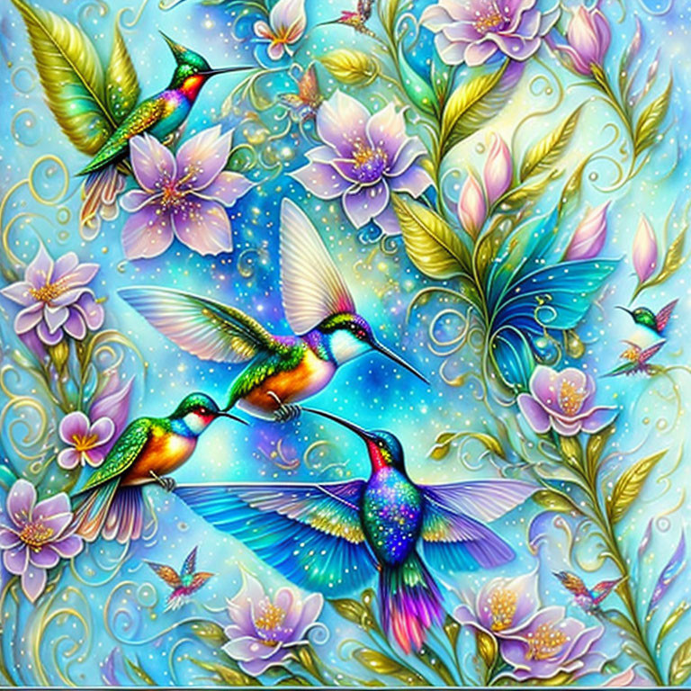 Colorful Artwork: Three Hummingbirds in Flight with Floral Background