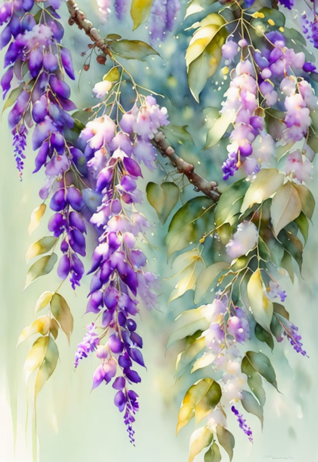 Delicate wisteria blooms in purple and white on a misty blue background