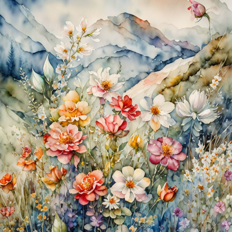 Vibrant floral scene with layered mountains in soft pinks, whites, and greens