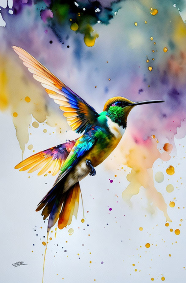 Colorful hummingbird watercolor painting with dynamic background