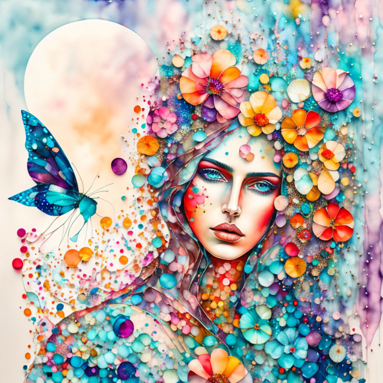 Colorful Watercolor Portrait of Woman with Flowers and Butterfly