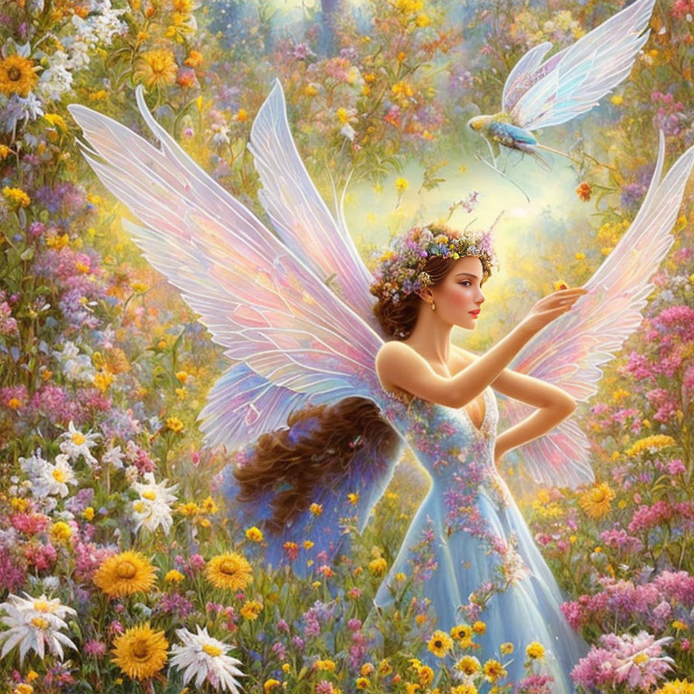 Illustration of fairy with translucent wings in vibrant flower garden