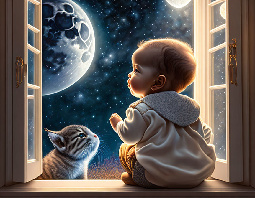 Baby and kitten admire full moon through open window