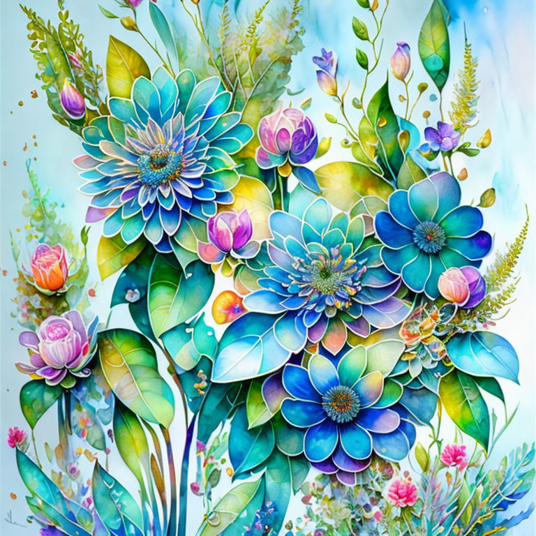 Colorful botanical painting with blooming flowers and lush foliage in blue and green hues