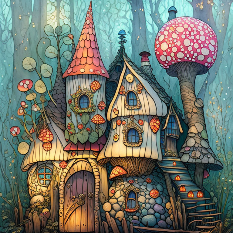 Whimsical mushroom house in magical forest with vibrant colors