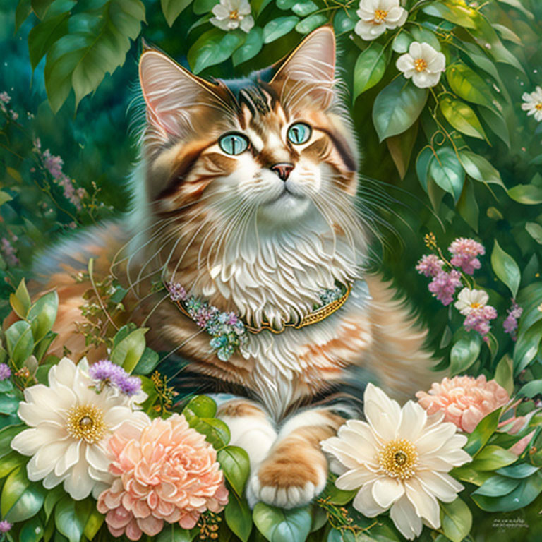 Long-haired cat with green eyes in colorful flower garden