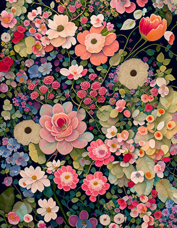 Colorful Floral Pattern on Dark Background with Pink, Orange, and Cream Blooms