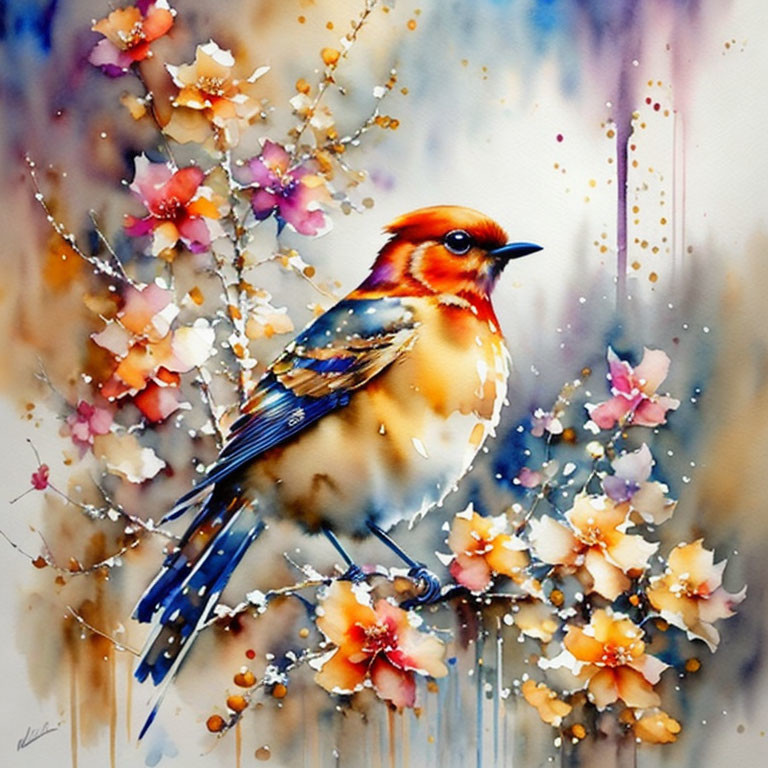 Colorful Bird Perched on Branch with Blooming Flowers in Soft Watercolor Scene