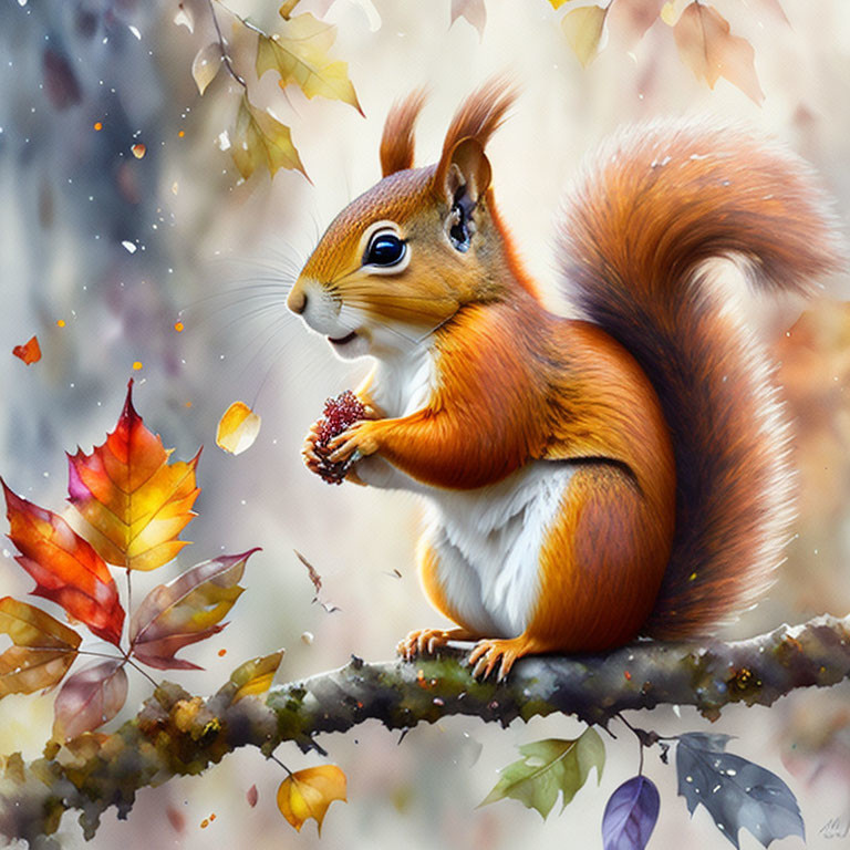 Detailed Illustration: Squirrel with Nut on Autumn Branch