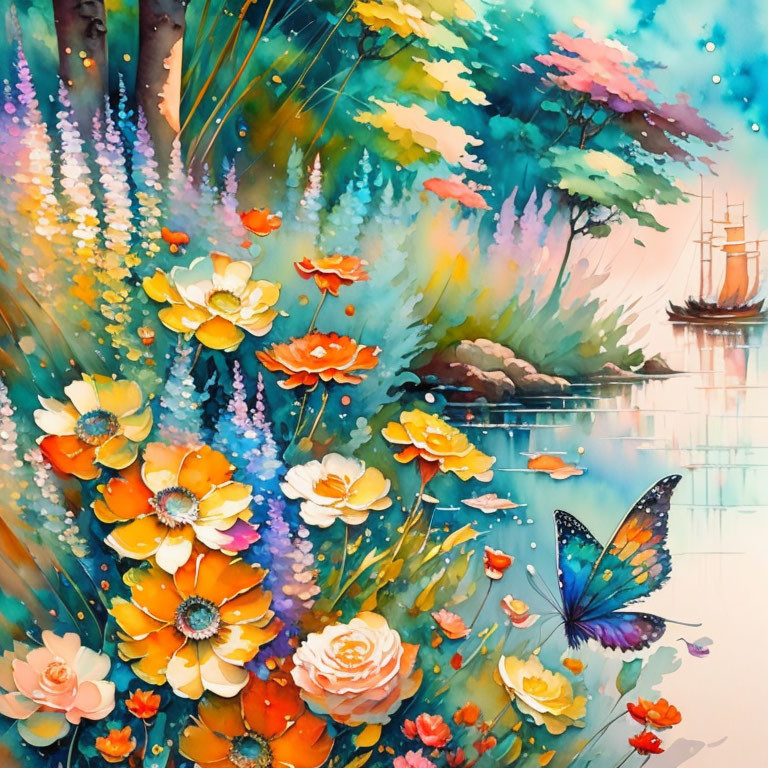 Vibrant flower painting with butterfly, lake, and sailing ship