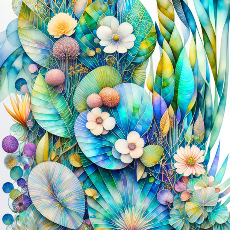 Colorful Abstract Botanical Illustration with Intricate Patterns in Blues, Greens, and Yellows