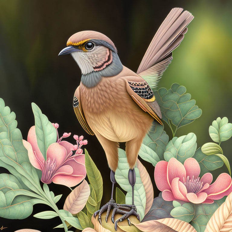 Colorful Bird with Crest Surrounded by Pink Flowers and Green Foliage