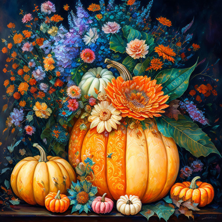 Colorful pumpkin and flower still-life painting on dark background