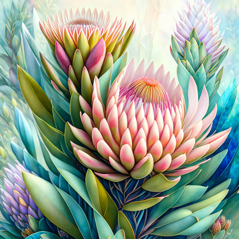 Colorful Succulents and Blooming Flowers in Vibrant Digital Art